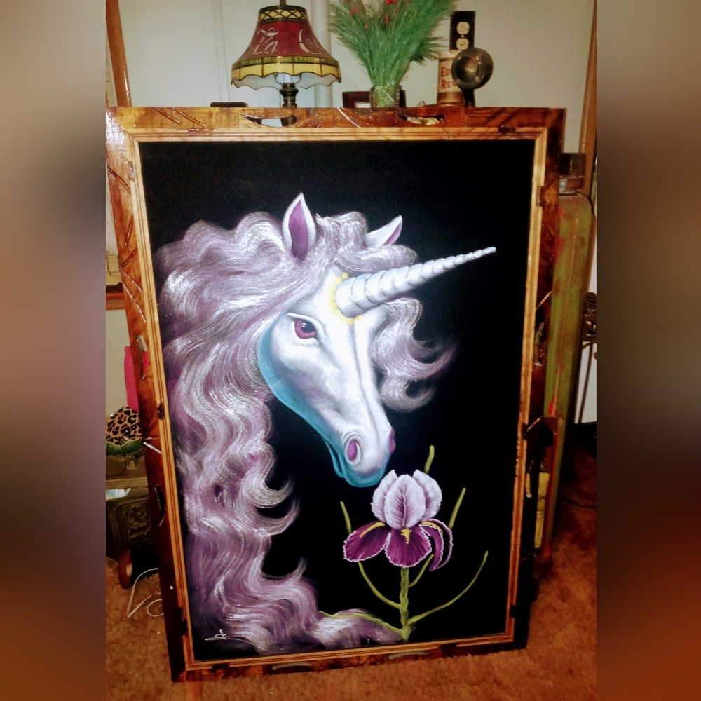 Vintage 1970s Unicorn Black Velvet Framed Artwork.
